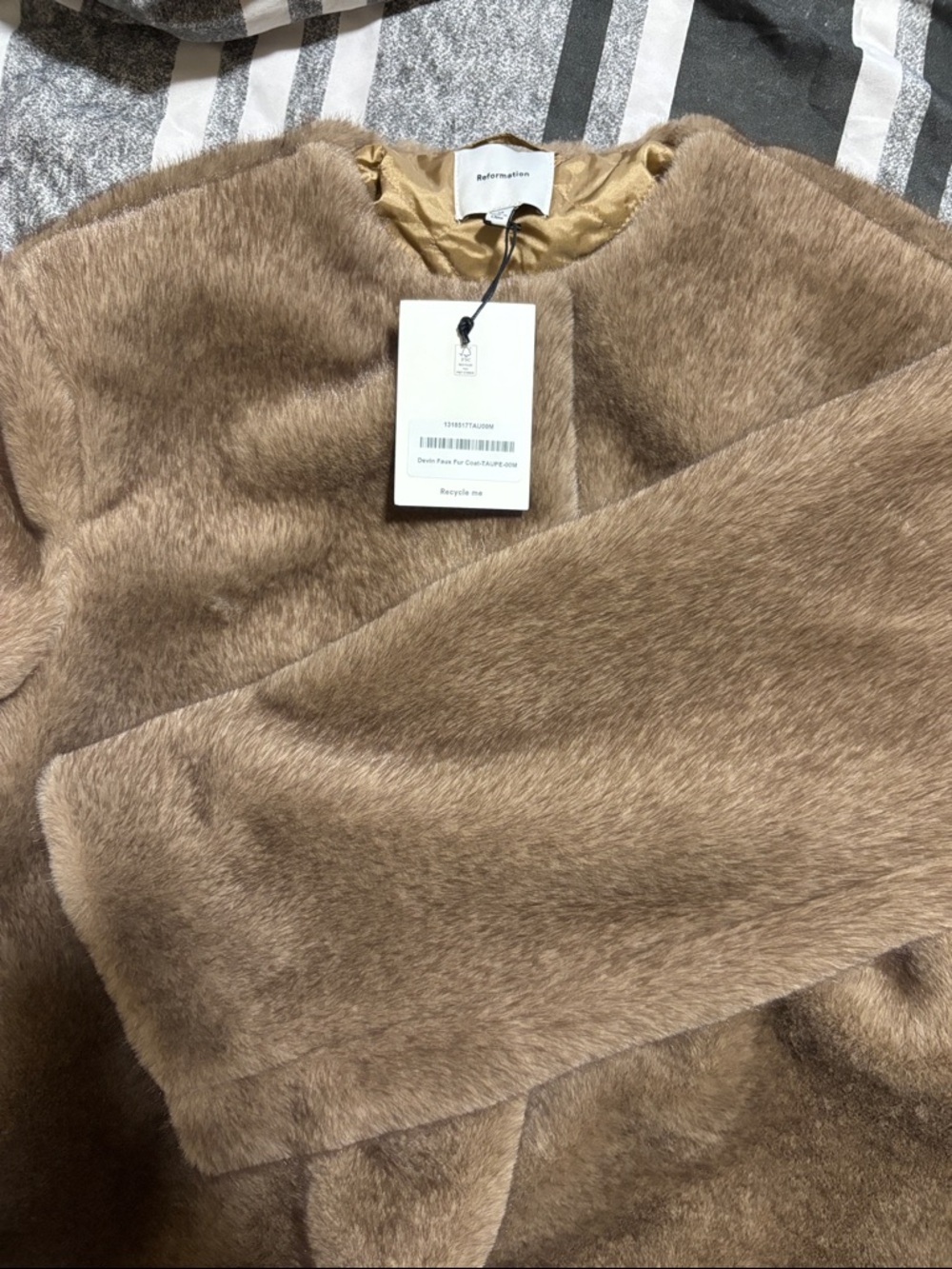 Reformation Plush Faux Fur Coat in Camel Brown